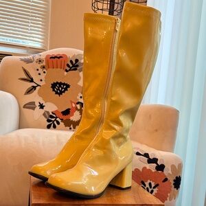 Yellow Patent Knee High Boots Block Heel Retro Mod Statement Size 10